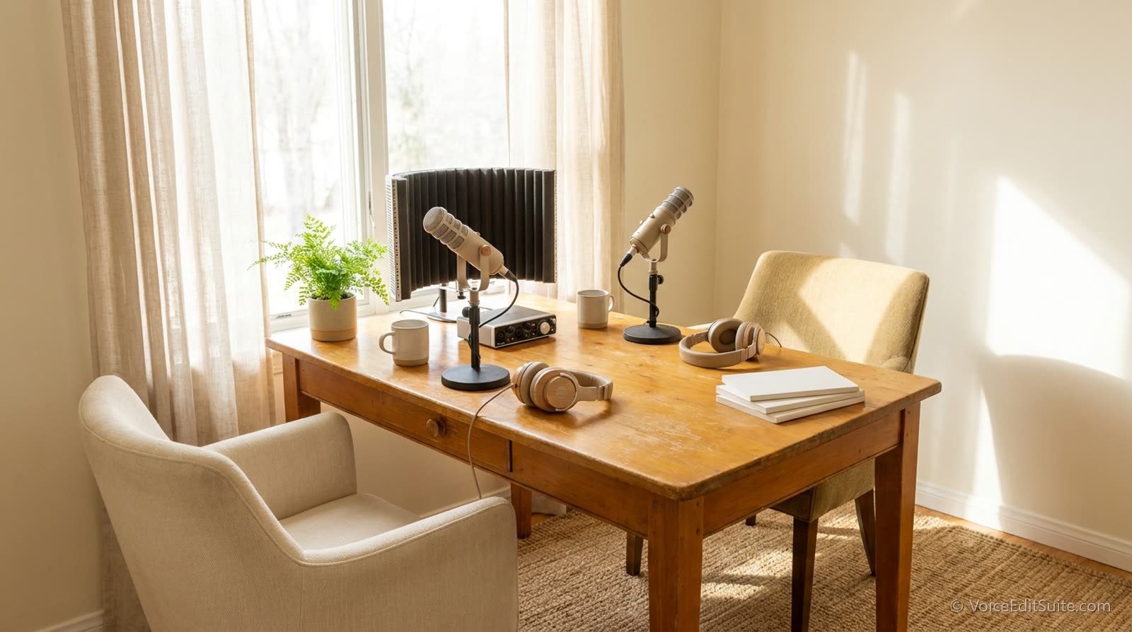 A small tidy home podcast setup on a desk by a sunny window, two chairs pulled up