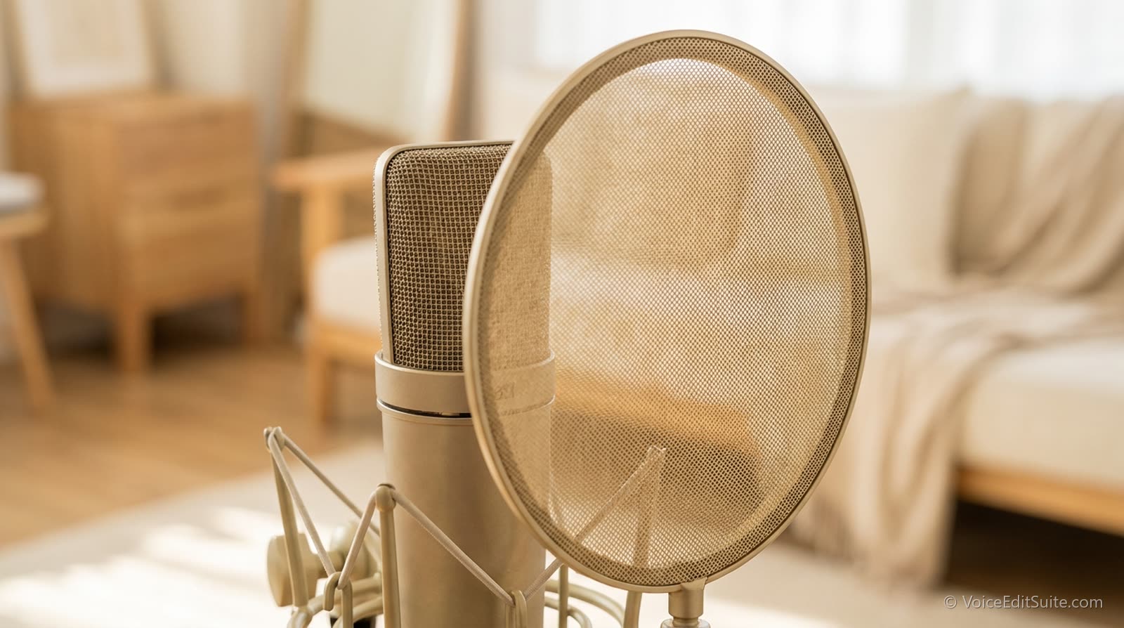 A microphone photographed close with its pop filter, bright daylight, shallow focus
