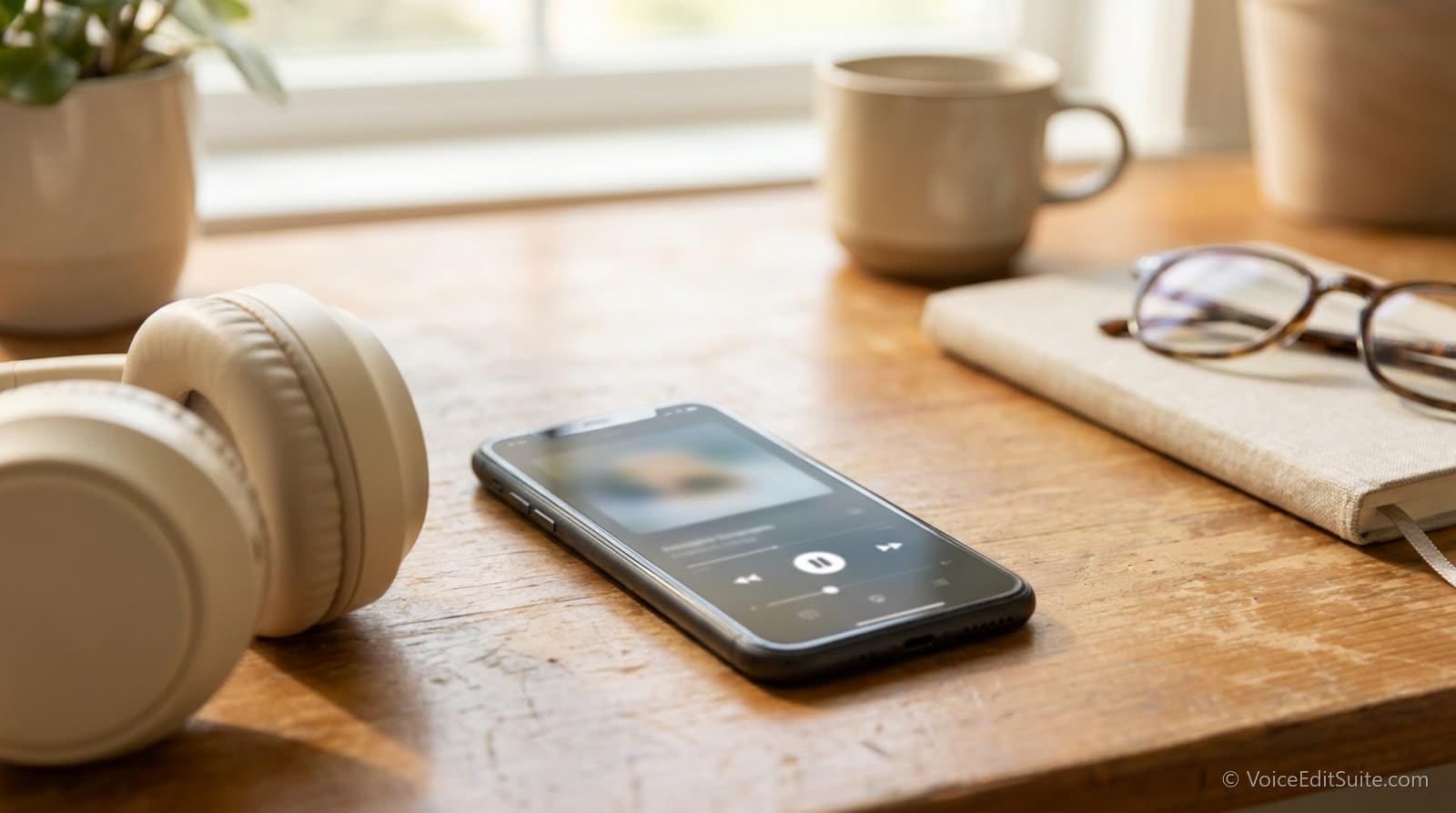 A phone showing a blurred audio player, resting on a desk with headphones, daylight