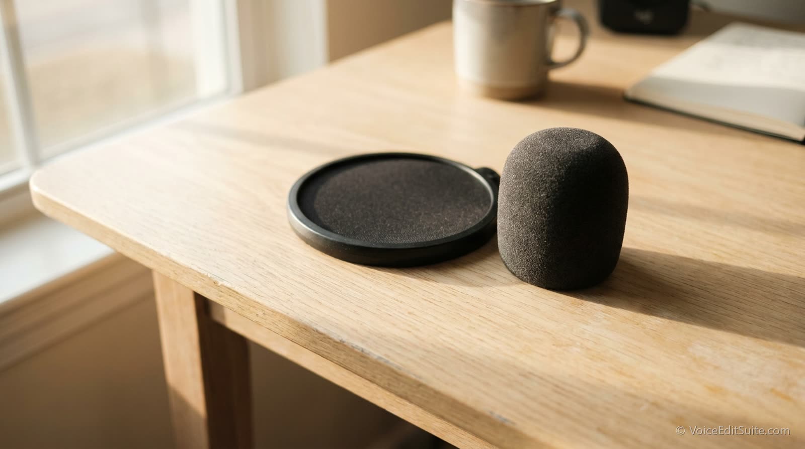 A pop filter and a foam windscreen lying side by side on a pale desk, daylight