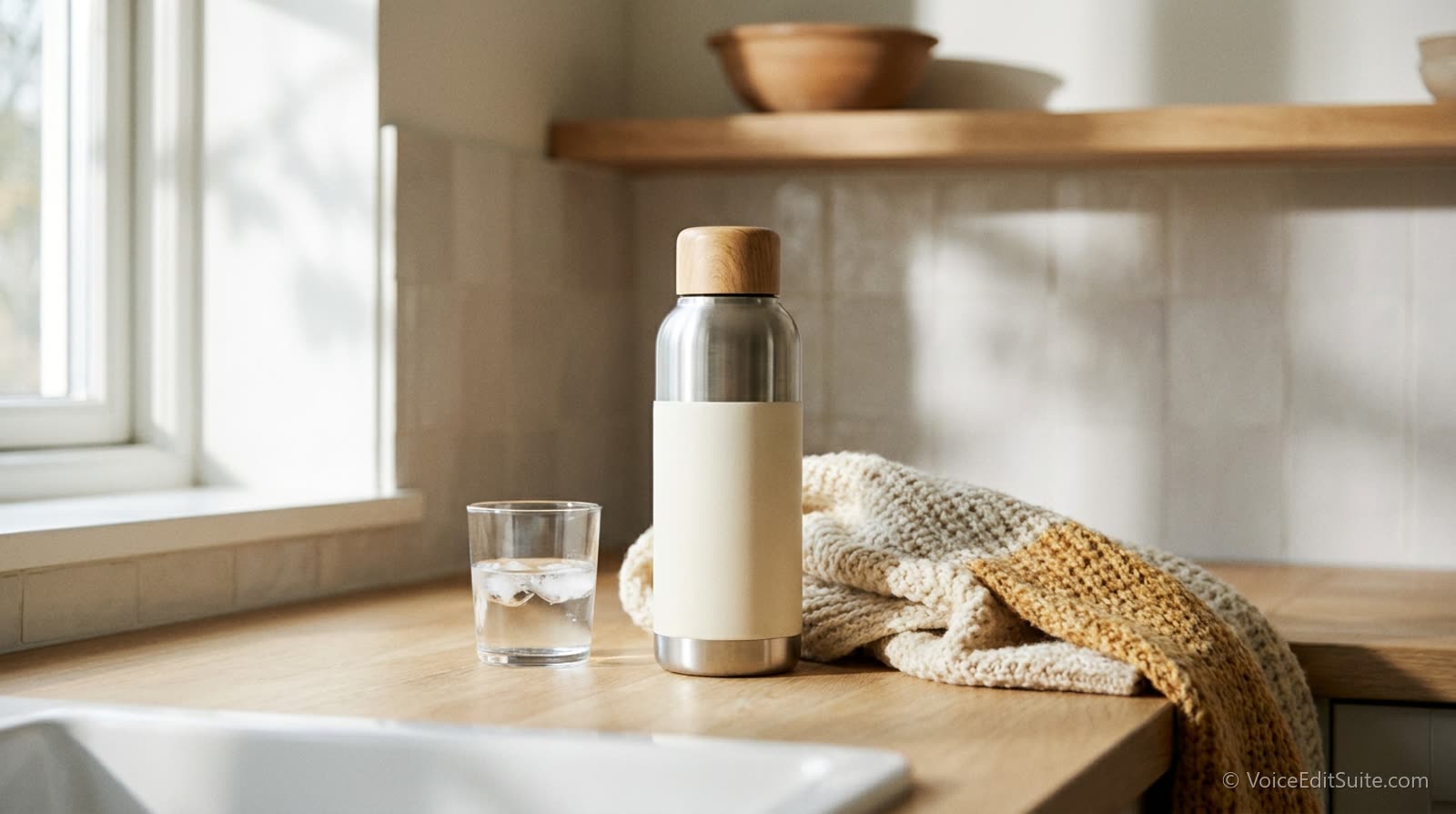 A thermos flask and a scarf on a bright kitchen counter beside a glass of water