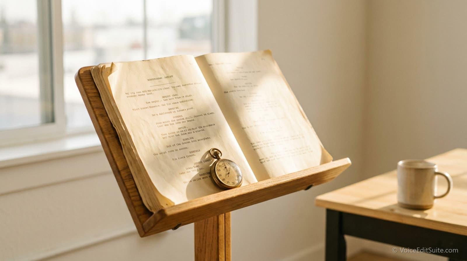 A script on a stand with a stopwatch lying on the page, bright daylight