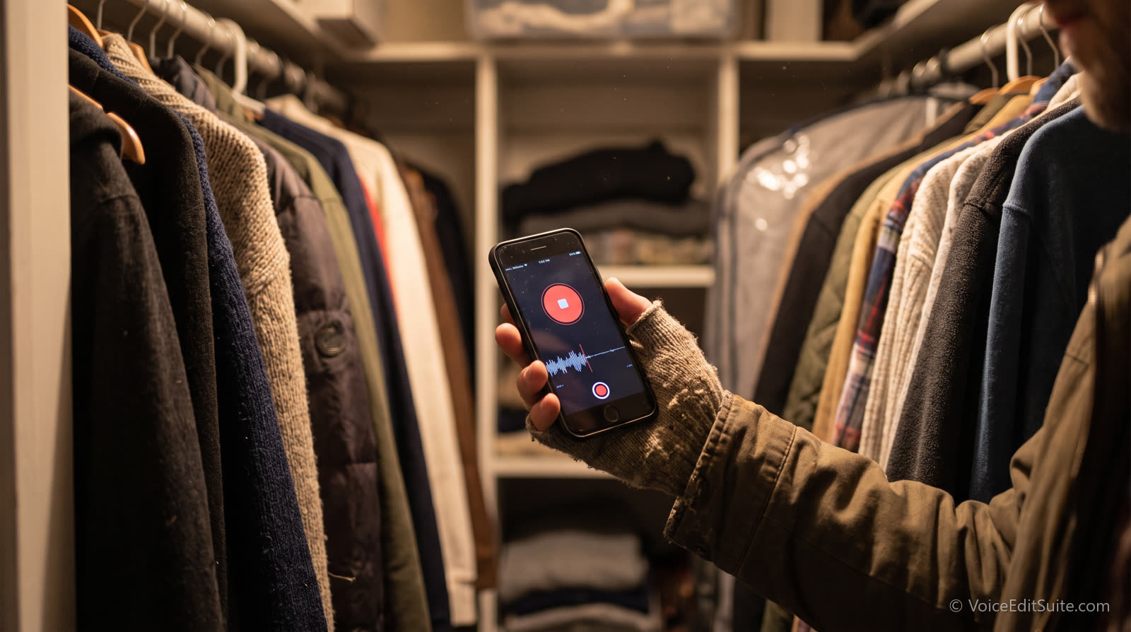 A hand holding a smartphone in recording mode inside a closet full of hanging clothes