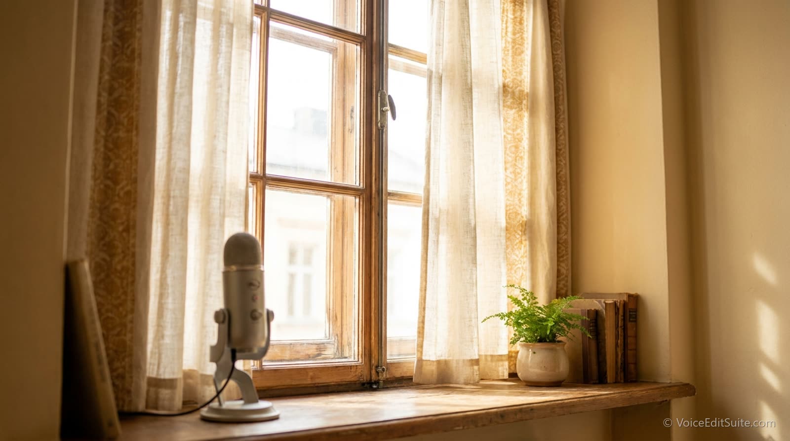 A bright apartment window with thick curtains half drawn and a microphone in the foreground