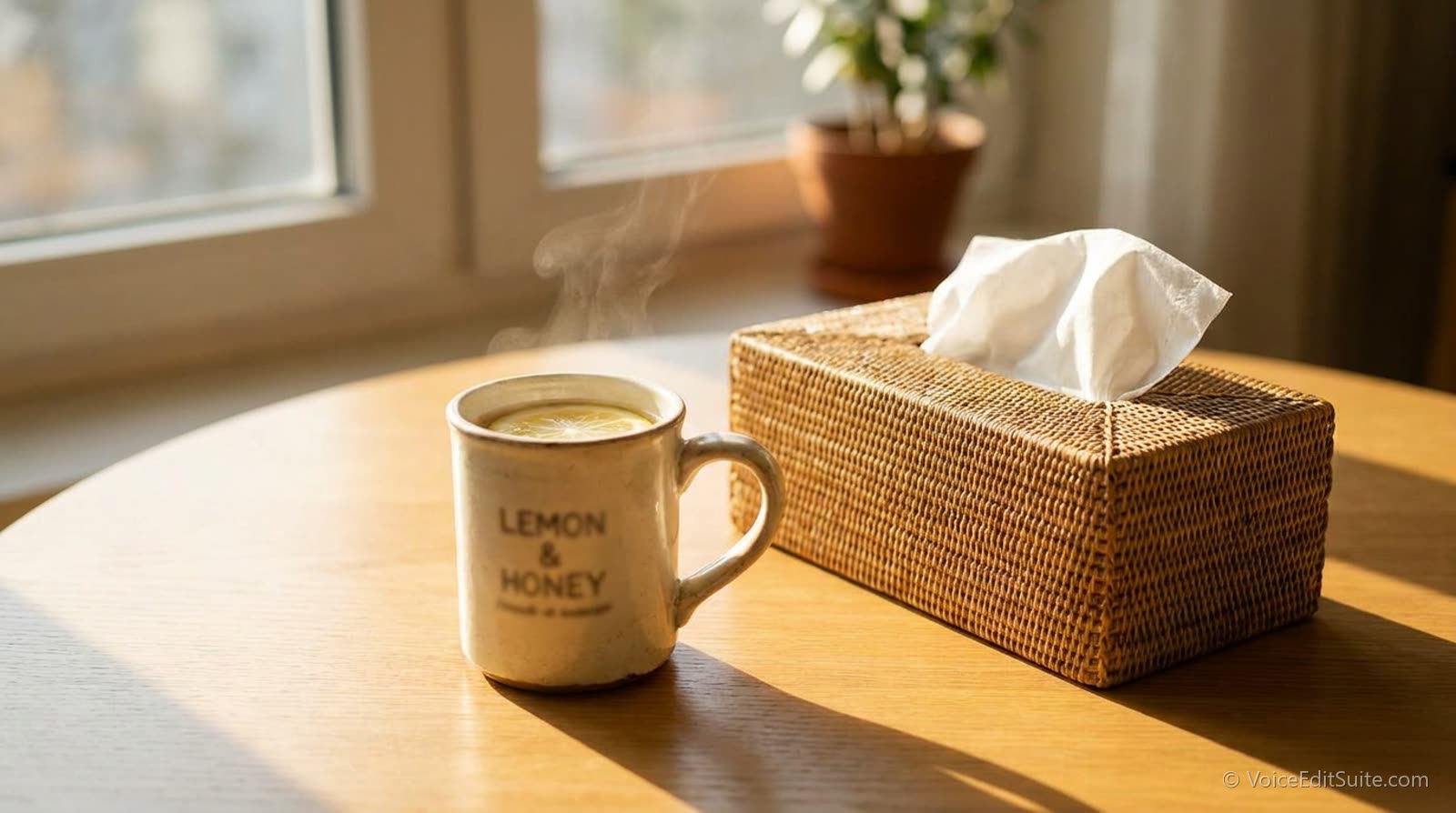 A mug of hot lemon and honey beside a box of tissues on a sunlit table