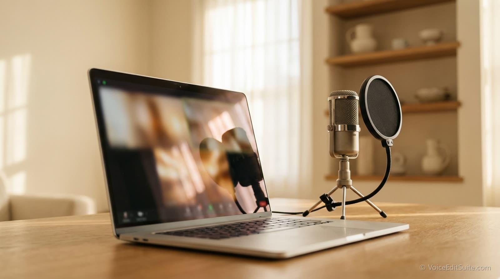 A laptop open on a blurred video call beside a microphone in a bright room