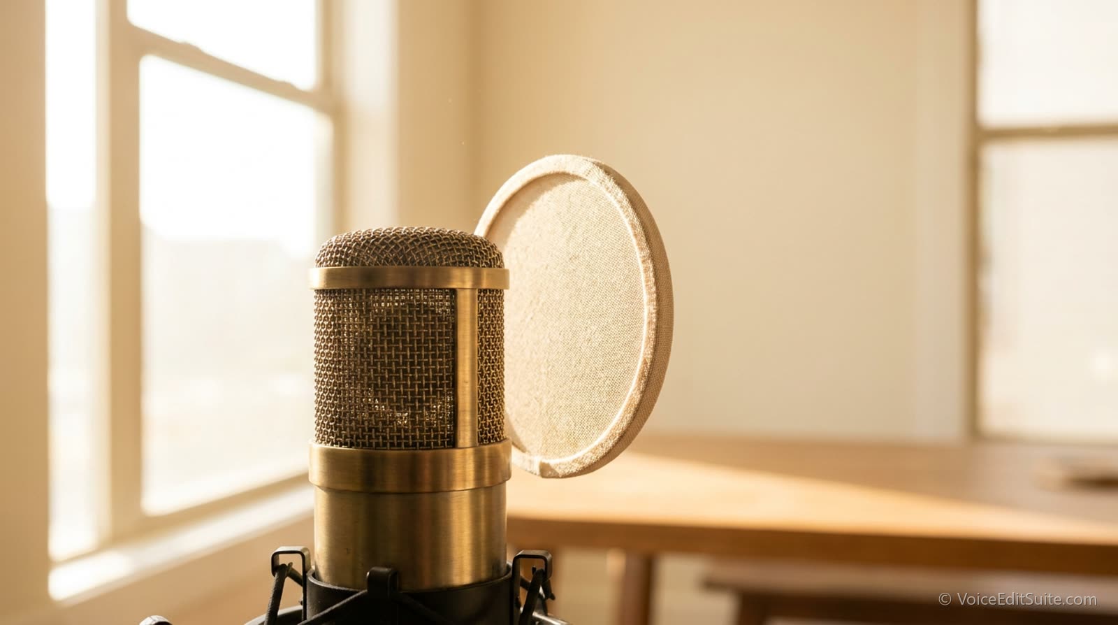 A close side view of a condenser microphone and pop filter in soft morning light, the bright room out of focus behind