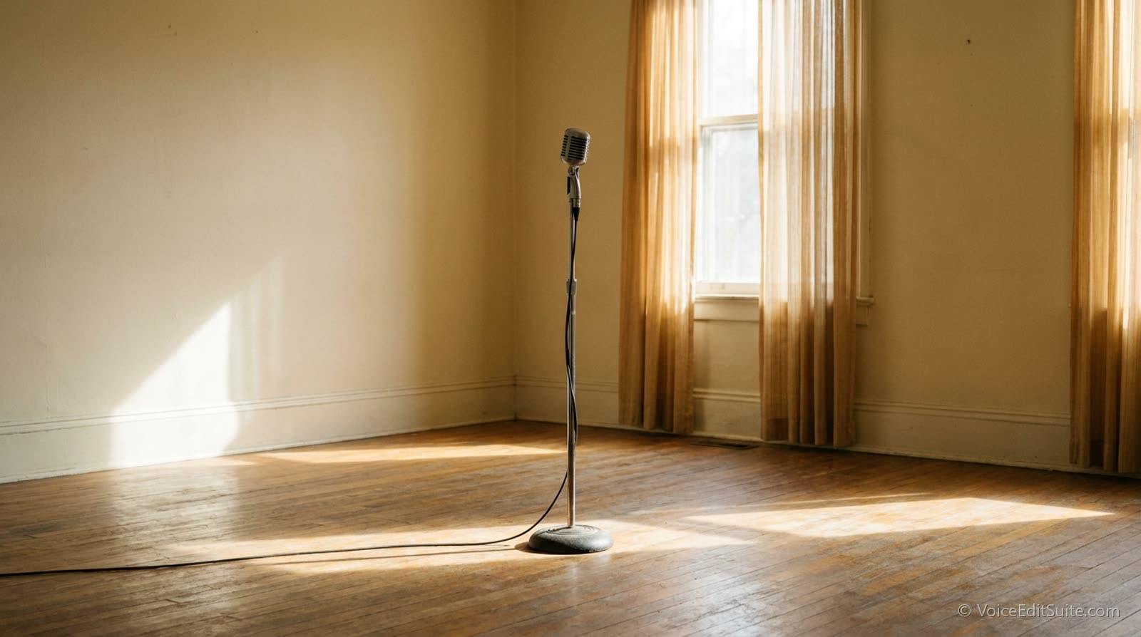 An empty quiet room with a microphone on a stand and sunlight across the floor