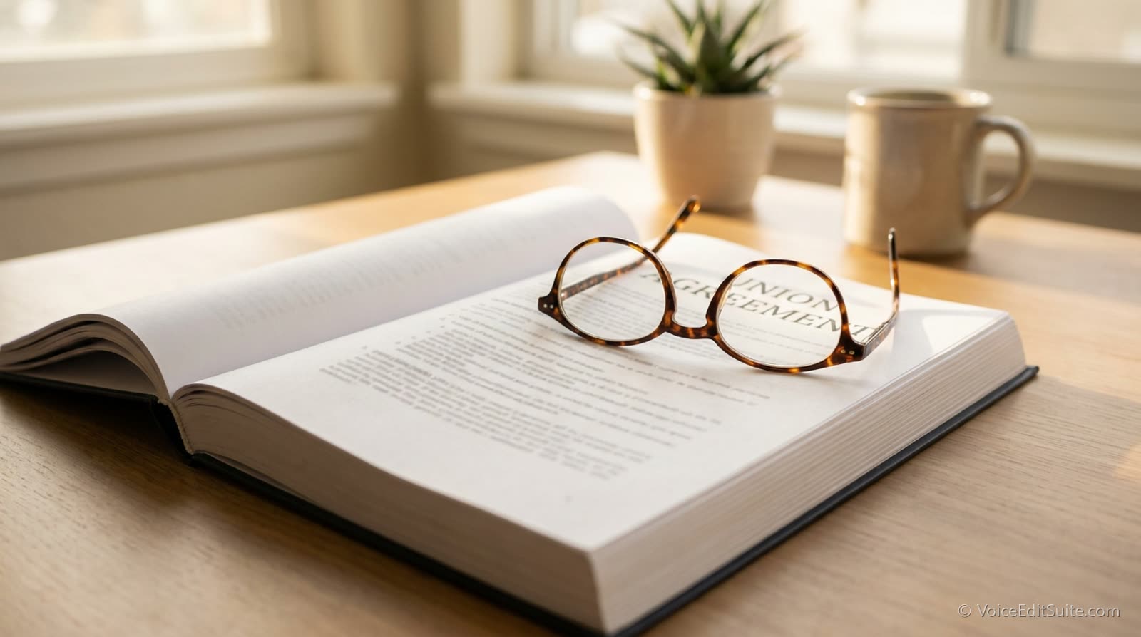 A printed union agreement on a desk with reading glasses on top, bright daylight