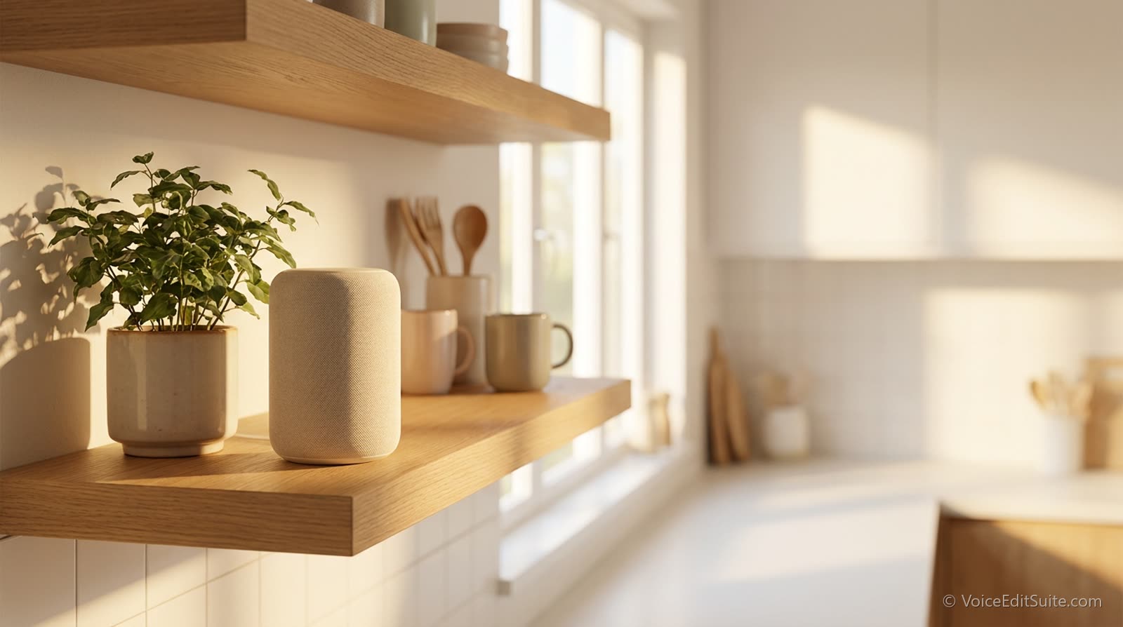 A smart speaker on a bright kitchen shelf beside a plant