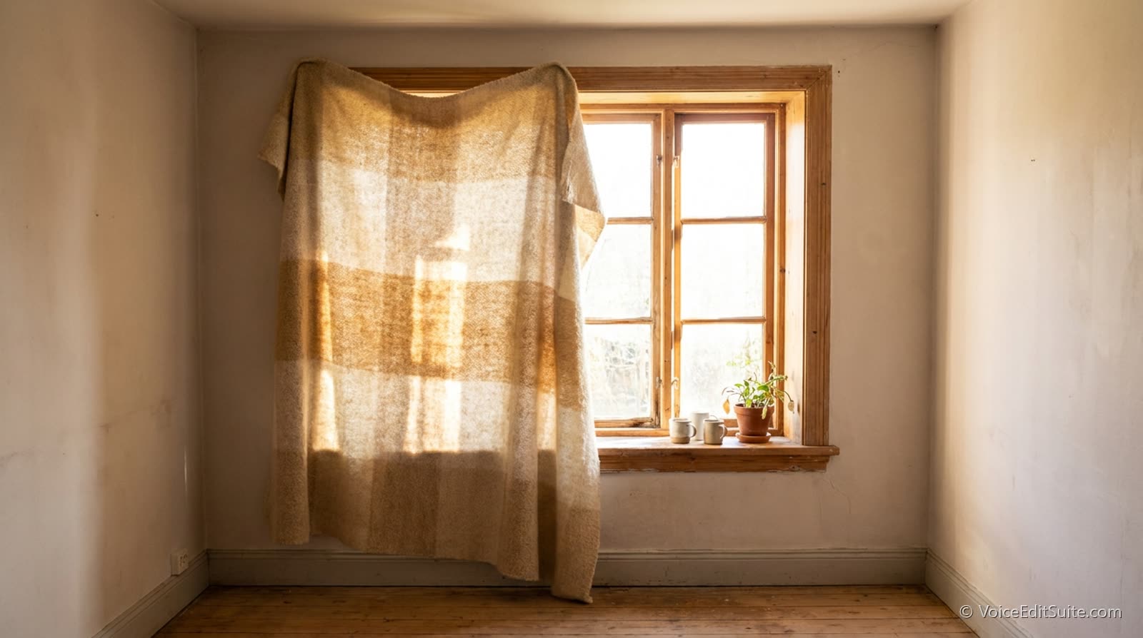 A window with a heavy blanket hung across half of it, bright daylight on the other half