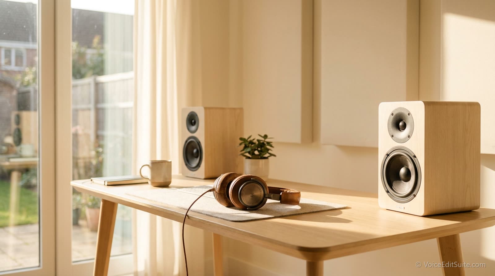 A pair of studio monitor speakers either side of a desk with headphones between them, daylight