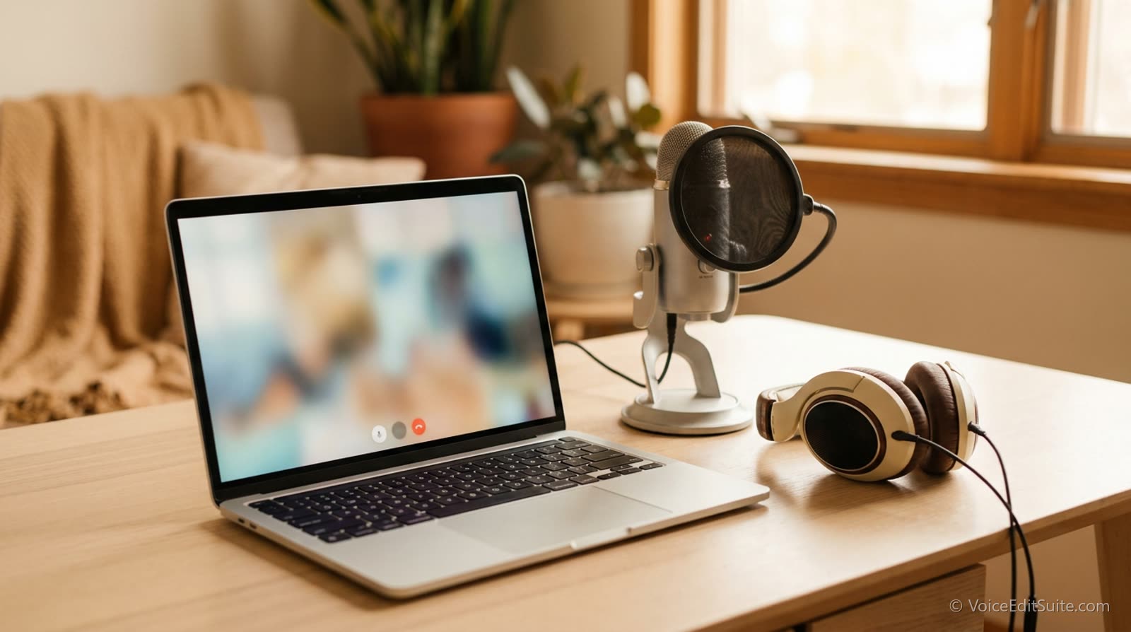 A laptop showing a blurred video call beside a microphone and headphones, bright room