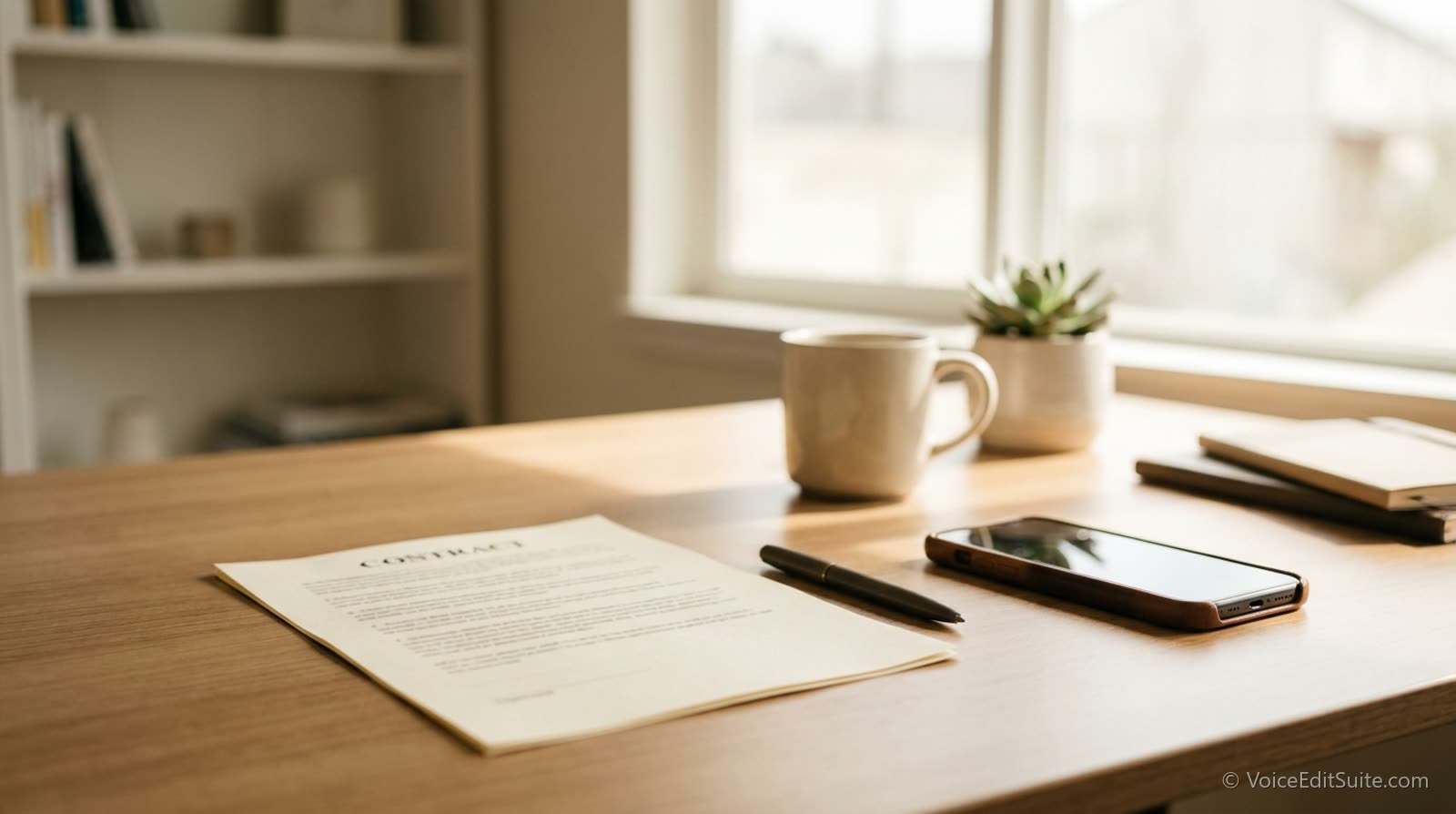 A printed contract and a pen on a bright office desk beside a phone