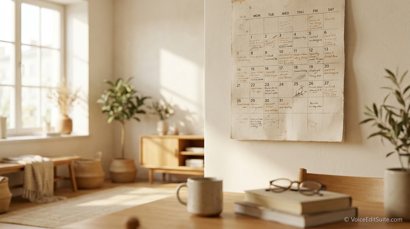 A wall calendar covered in handwritten entries in a sunlit room