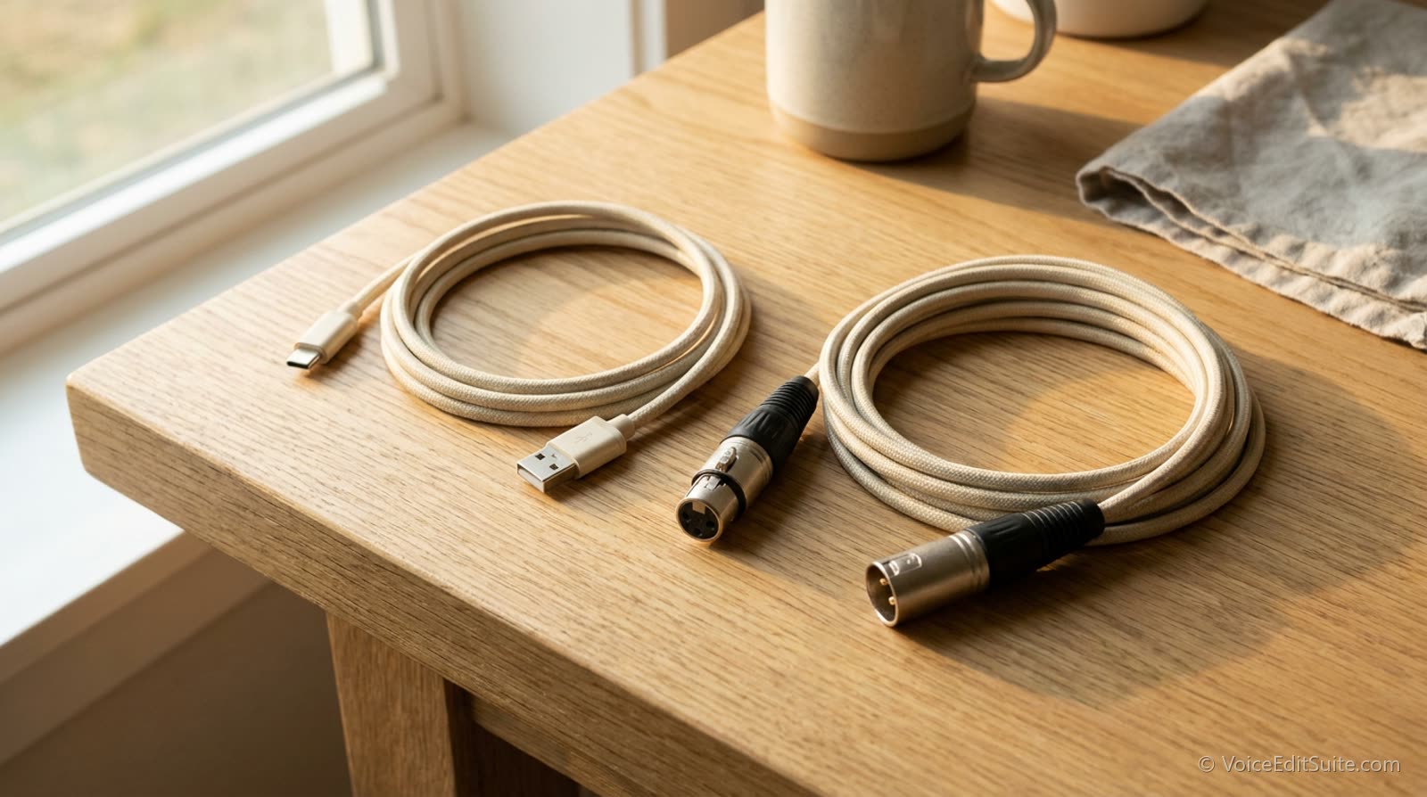 A USB cable and an XLR cable lying side by side on a pale desk, bright daylight
