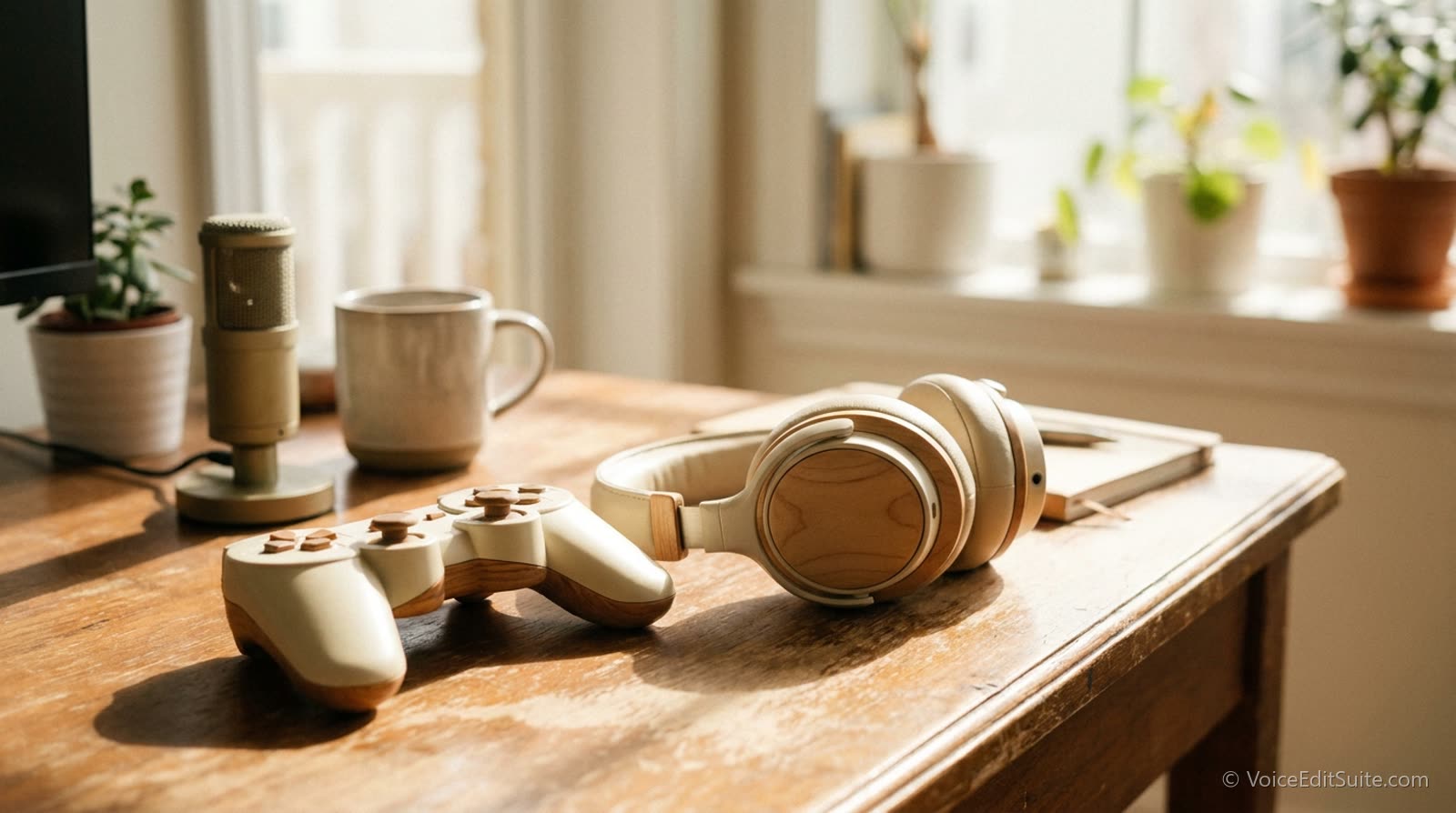 A game controller resting on a desk beside headphones and a microphone, bright daylight