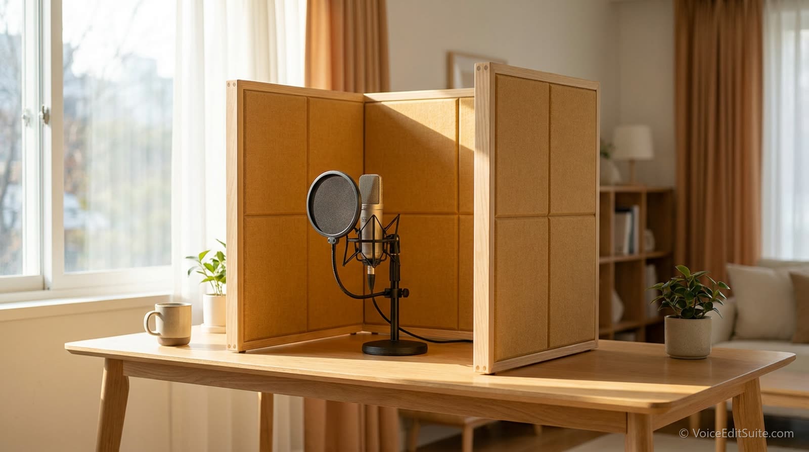 A fabric-panelled portable vocal booth on a desk behind a microphone, daylight