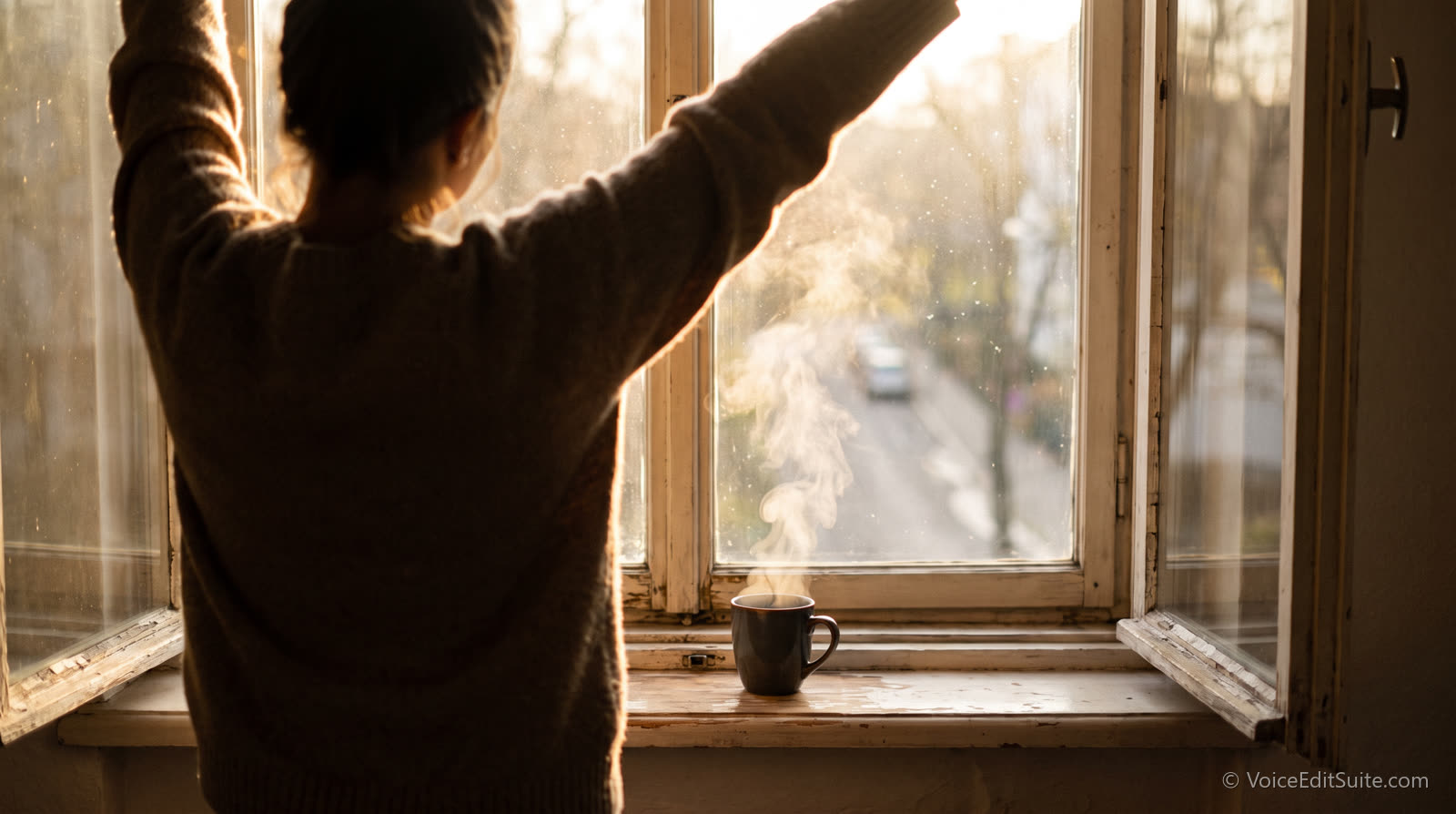 A person stretching their arms overhead in silhouette at a bright morning window, a steaming mug on the sill