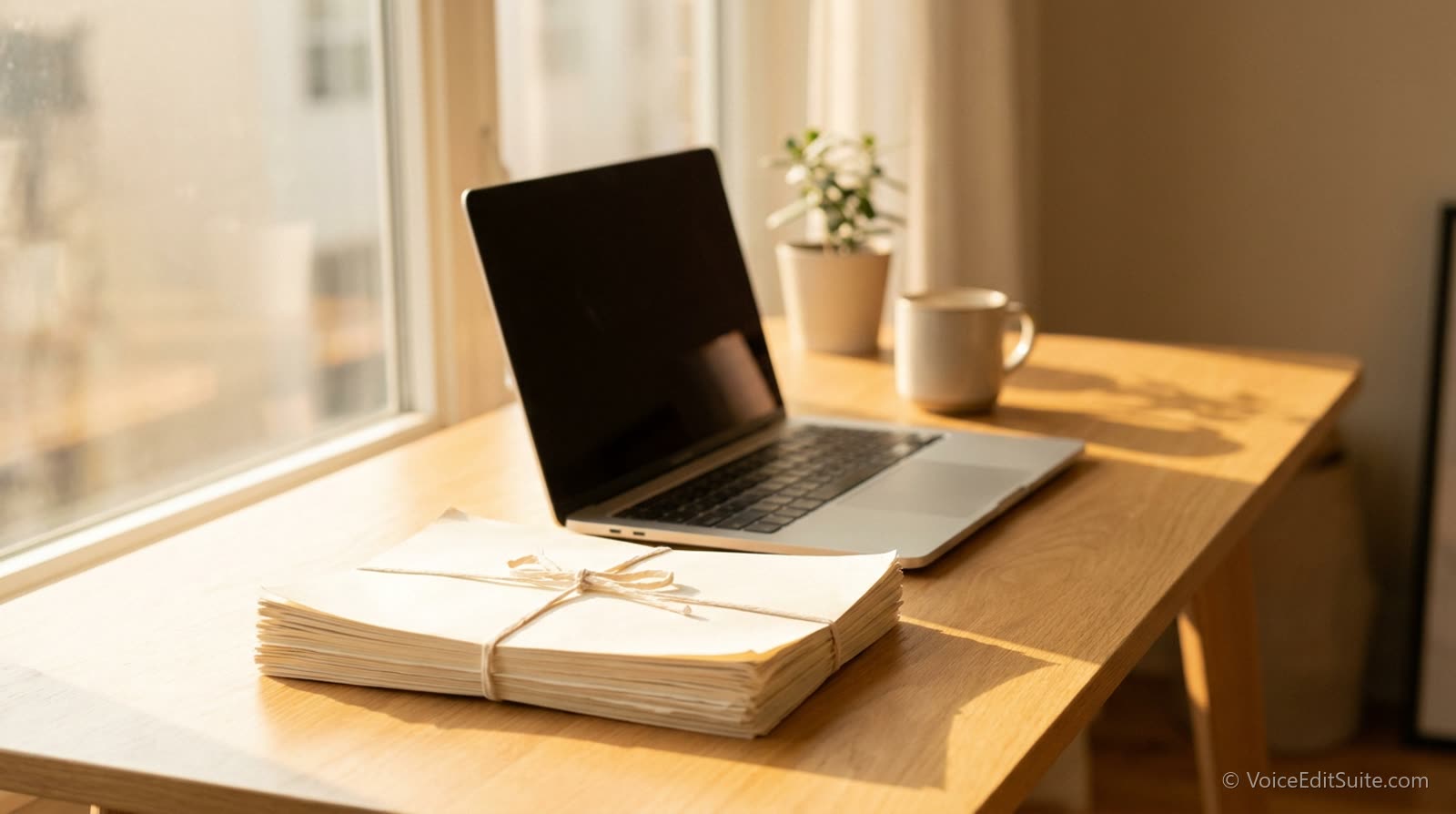 A desk with a laptop and a neat stack of printed scripts, bright morning light