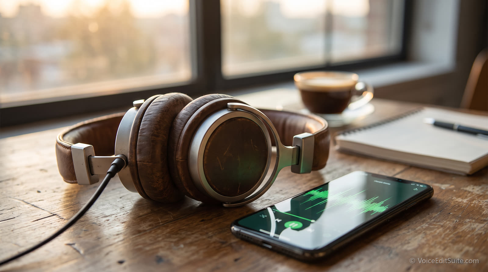 Studio headphones on a wooden desk beside a phone showing an audio waveform, ready for a listen