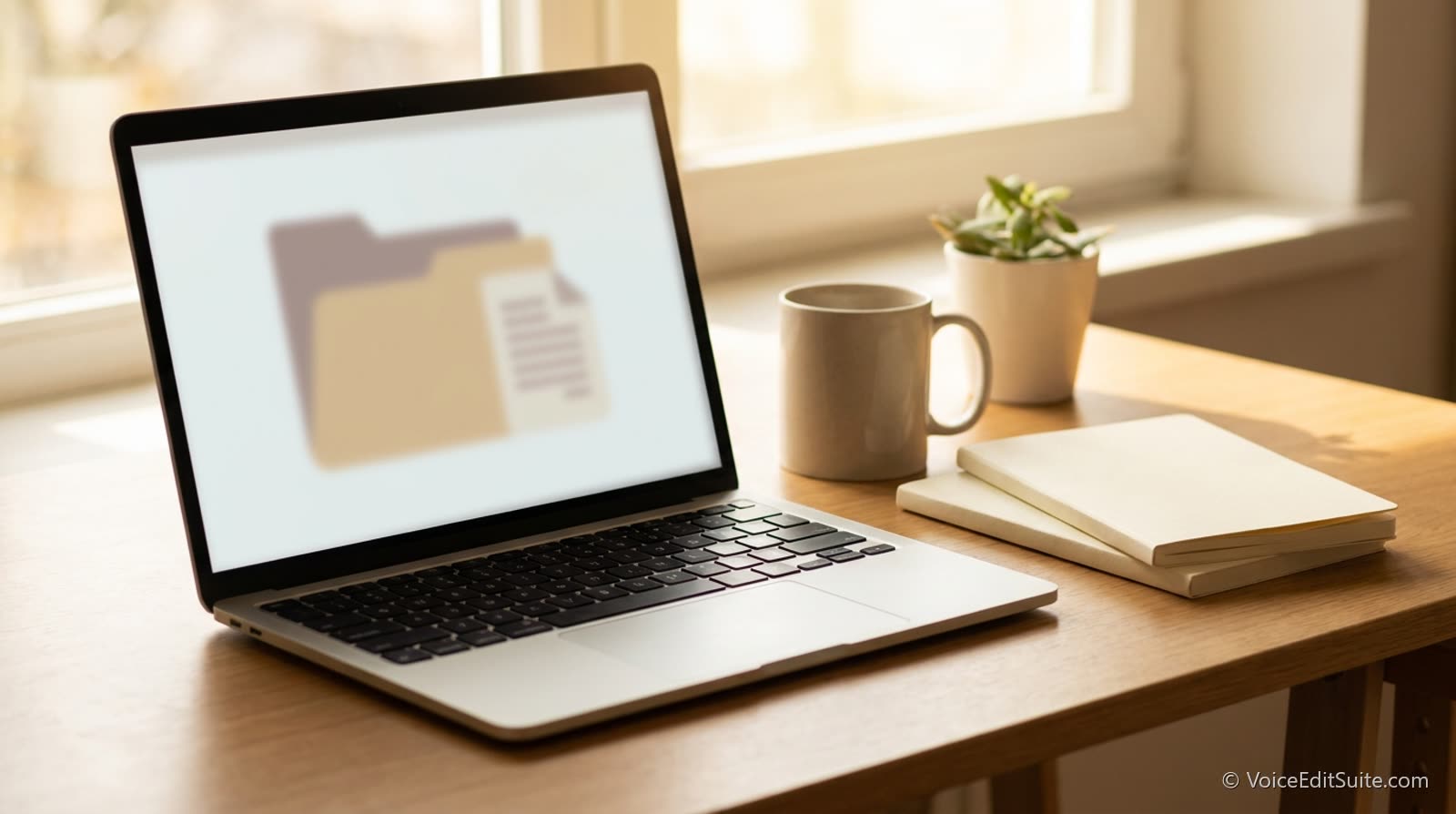 A laptop screen showing a blurred folder of files, on a tidy sunlit desk