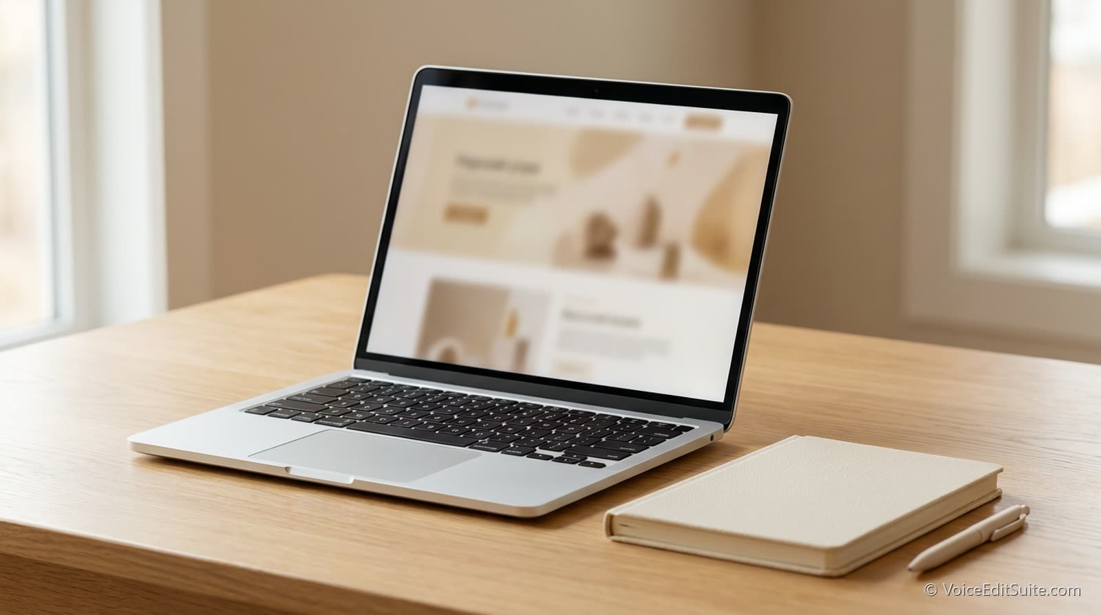 A laptop open on a blurred simple website layout, on a bright desk with a notebook