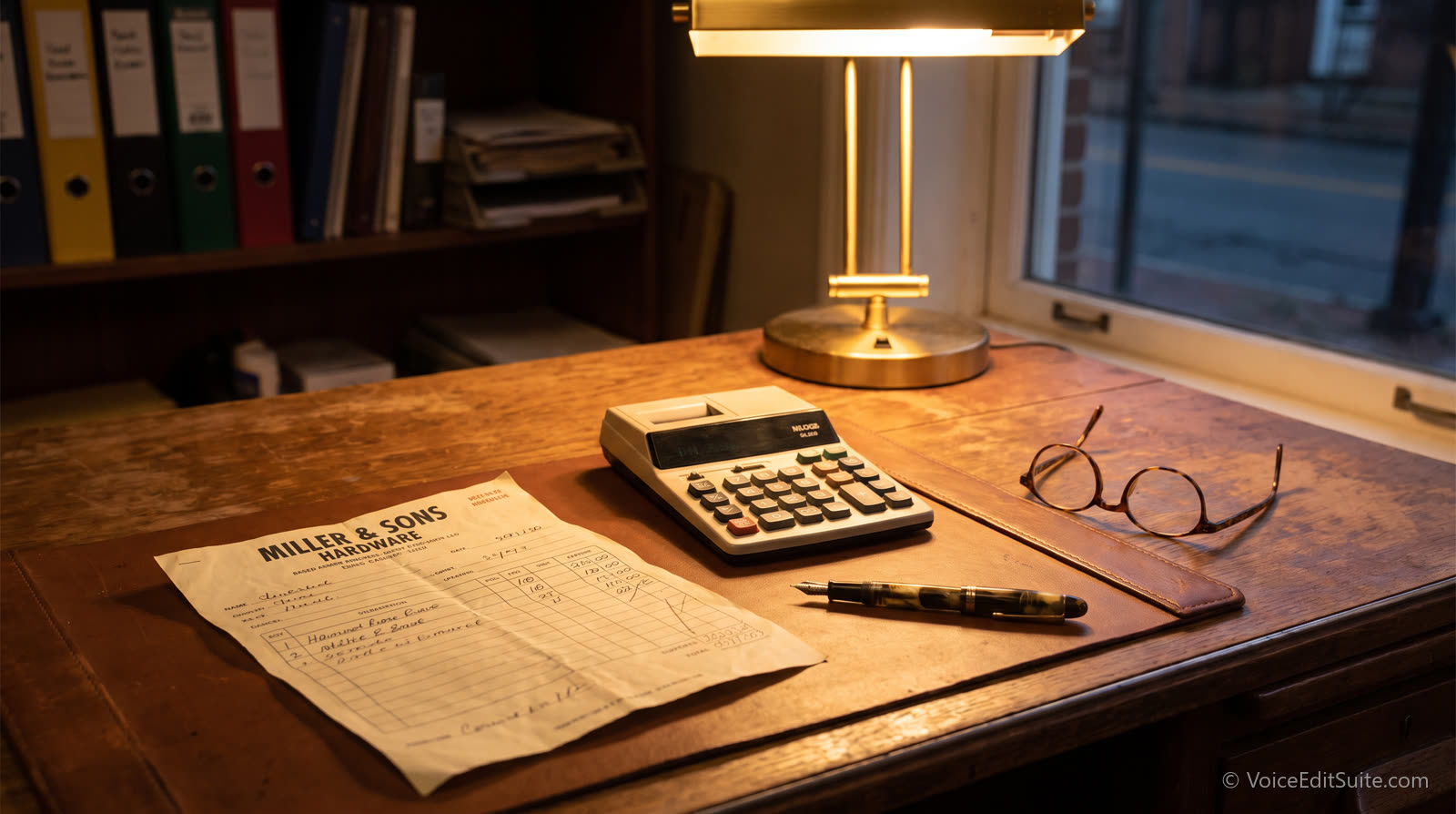 A desk with a paper invoice, calculator, fountain pen and reading glasses under warm lamp light